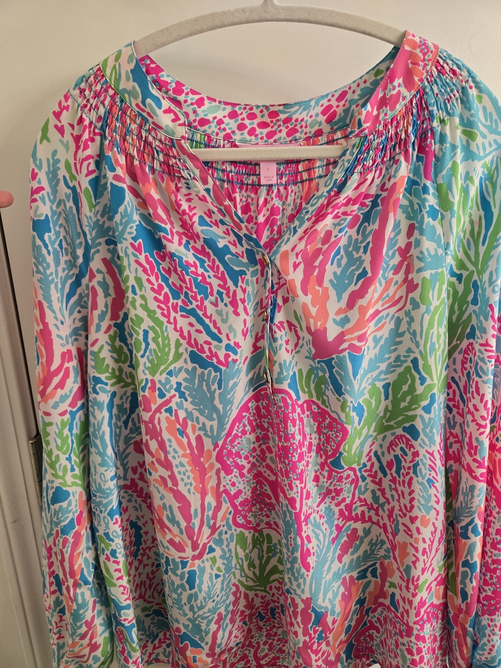Lilly Pulitzer Elsa Silk Top Let's Cha Cha Pink Multi Coral-Print, Size L - Picture 3 of 15